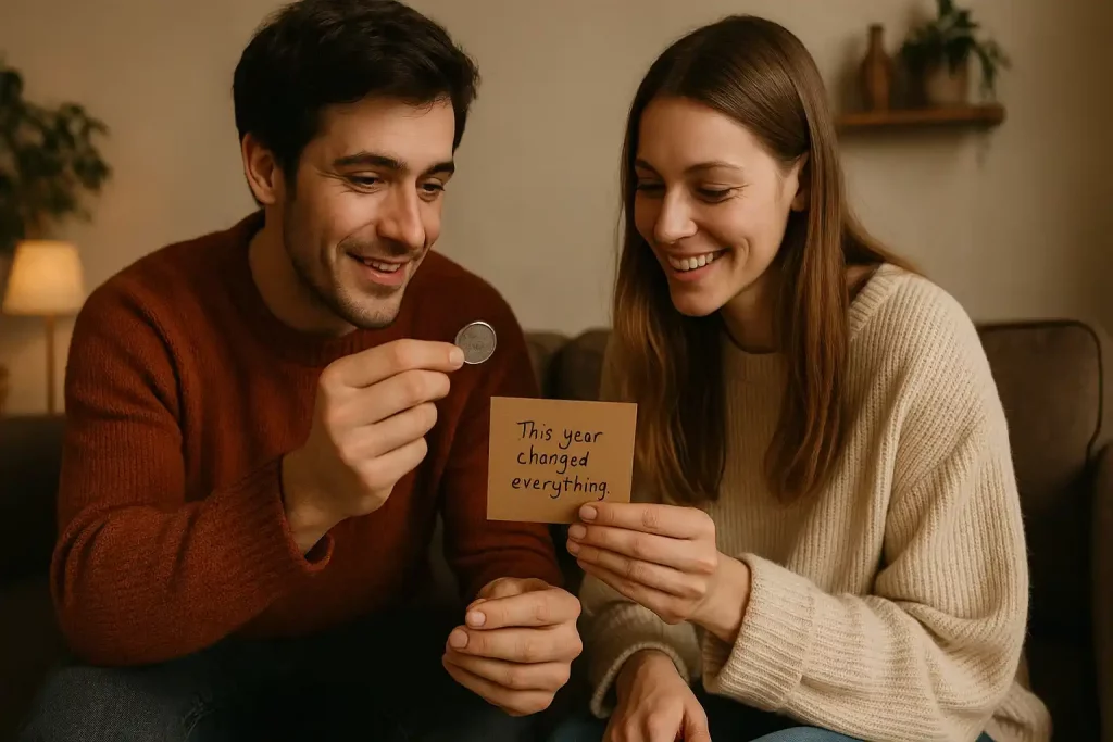 A couple smiles and looks at a coin and a handwritten note that reads “This year changed everything,” turning a simple moment into a lasting symbol of love.