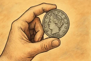 A hand is holding an 1883 Liberty Head nickel.