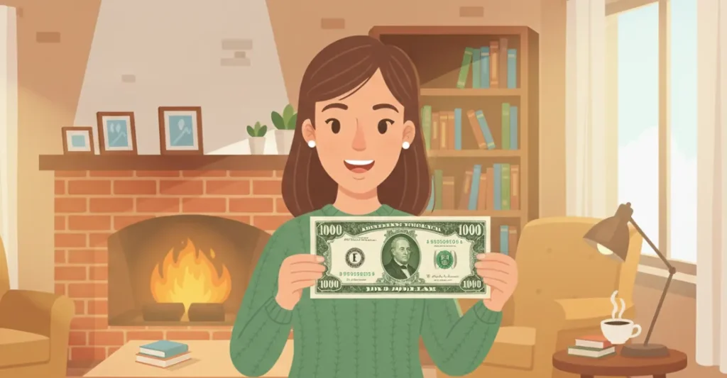 woman holds a $1000 bill