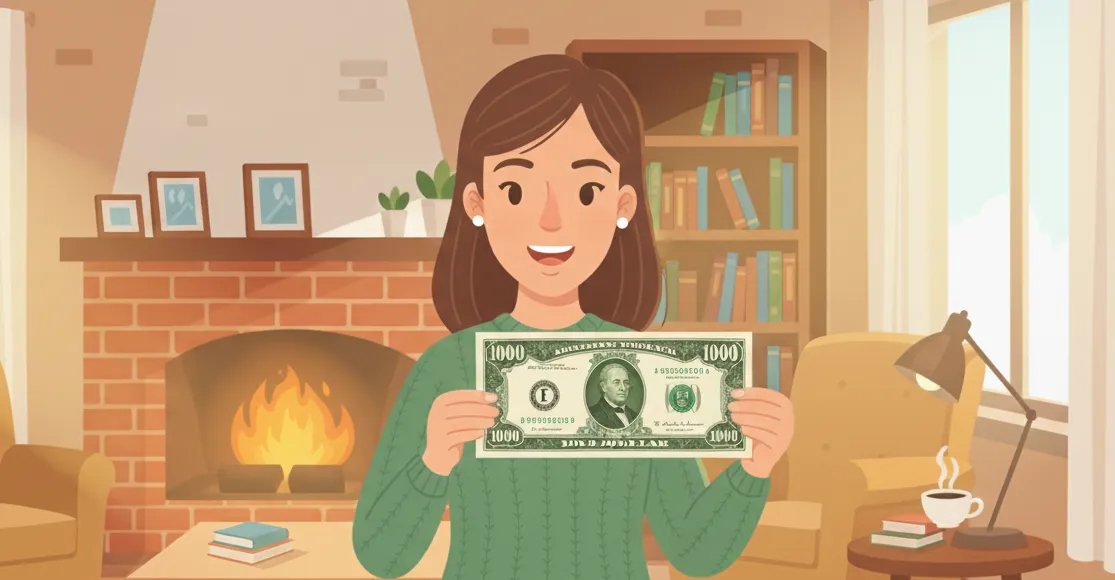 woman holds a $1000 bill