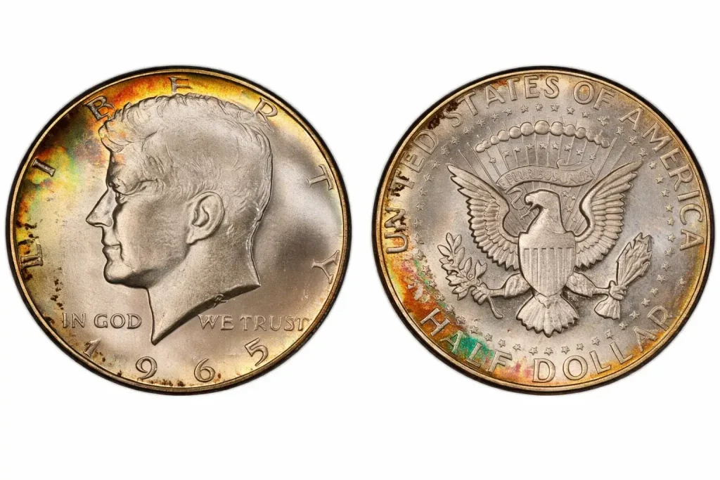 1965 Kennedy half dollar obverse and reverse.