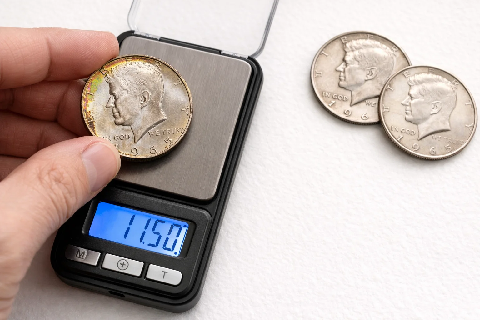 Collector placing a 1965 Kennedy half dollar on a digital scale showing 11.50 g.
